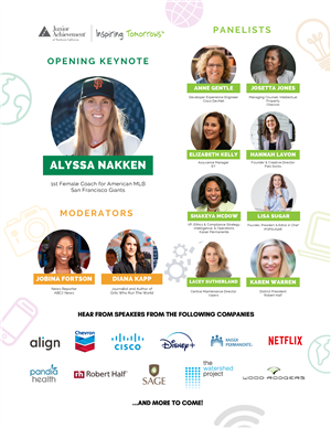 SHE Leads Flyer listing keynote speakers and sponsors for students 